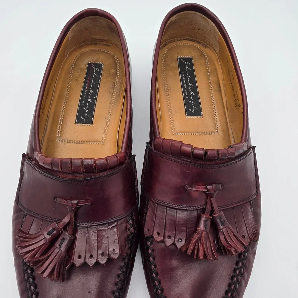 VTG Johnston Murphy Loafers Men 9.5 Leather Burgundy Oxblood Kiltie Tassel Italy